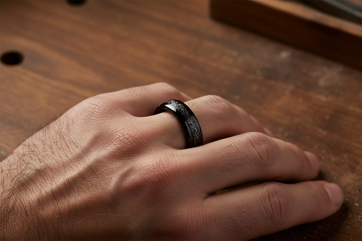 Lifestylefoto van de ring aan een ruige, behaarde werkhand